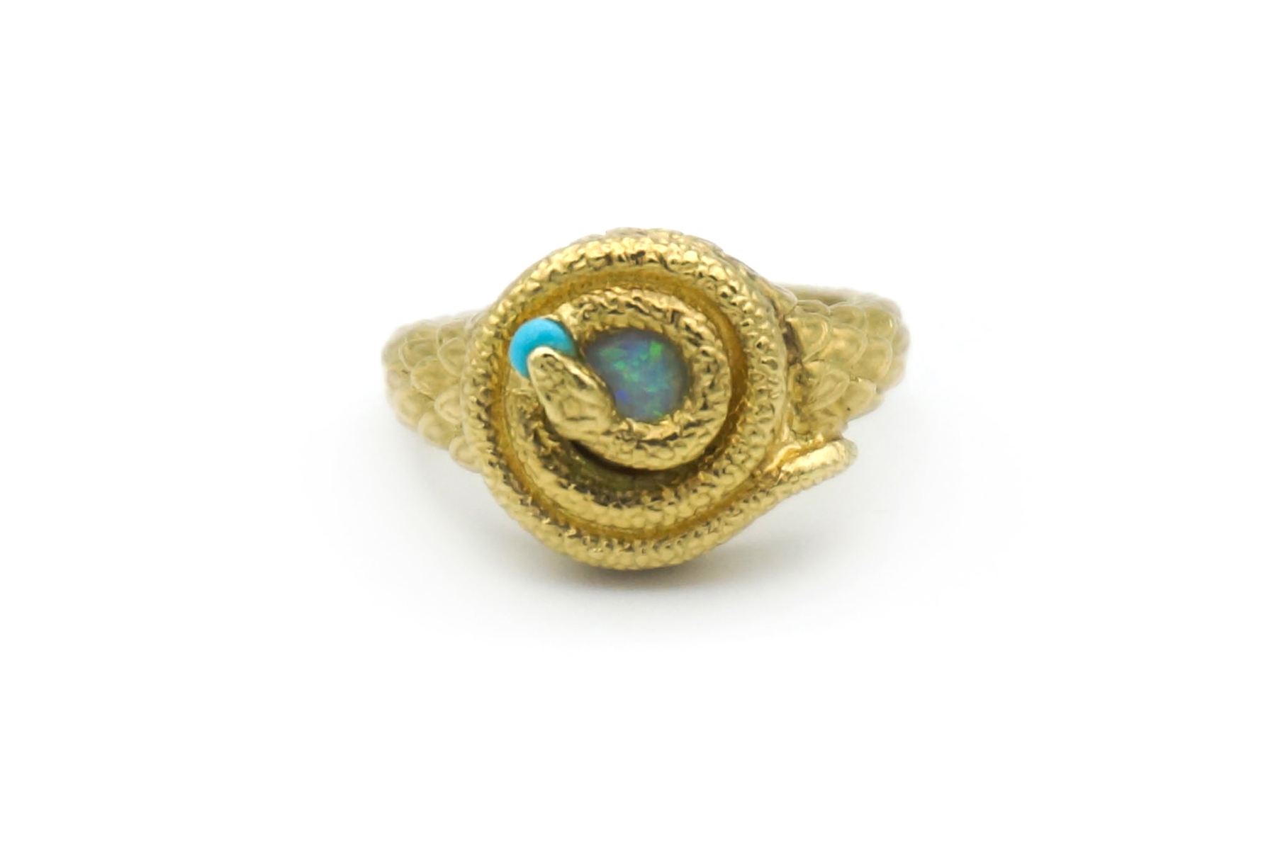 Custom 18K Yellow Gold Hand Carved Snake Ring Black Opal Turquoise