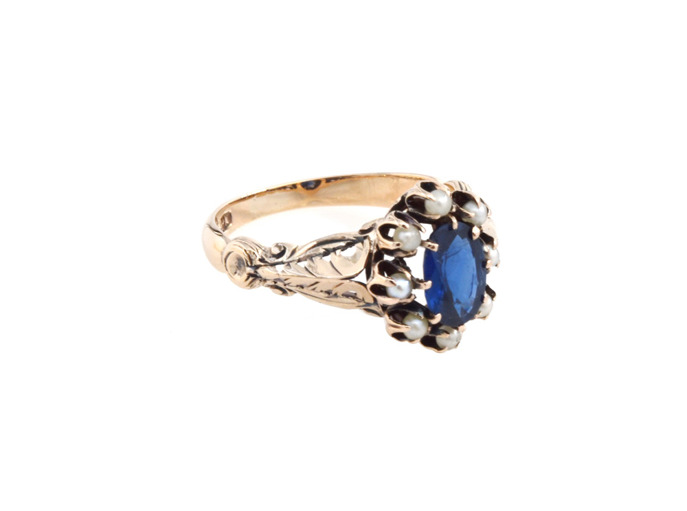 Antique Sapphire + Pearl Halo Ring