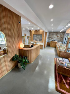 Reception desk and display cases in the Abercrombie Jewelry showroom