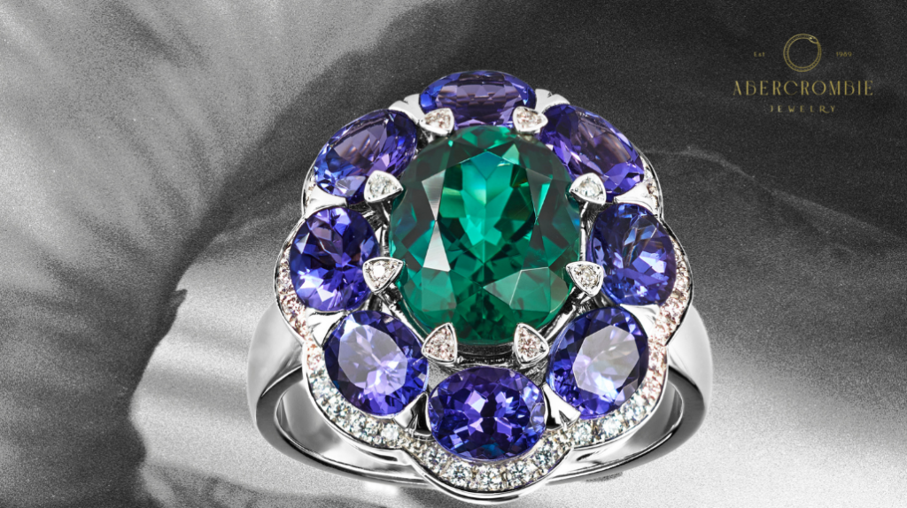 amethyst, emerald, and diamond studded silver plated ring